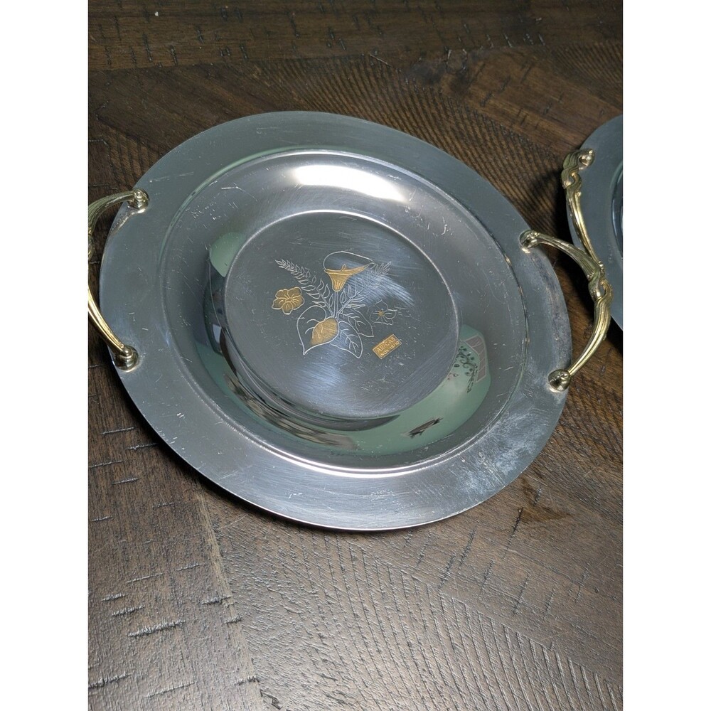 Serving Bowl Charger Dish Shiny Mirrored Floral Design w Gold Tone Handle (2) - Picture 10 of 11